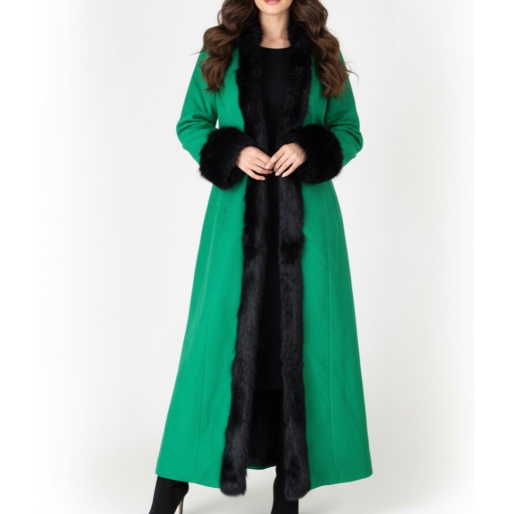 LUXE Especially Yours GREEN OVERCOAT LONG COAT JACKET Black Faux Fur Trim SZ M